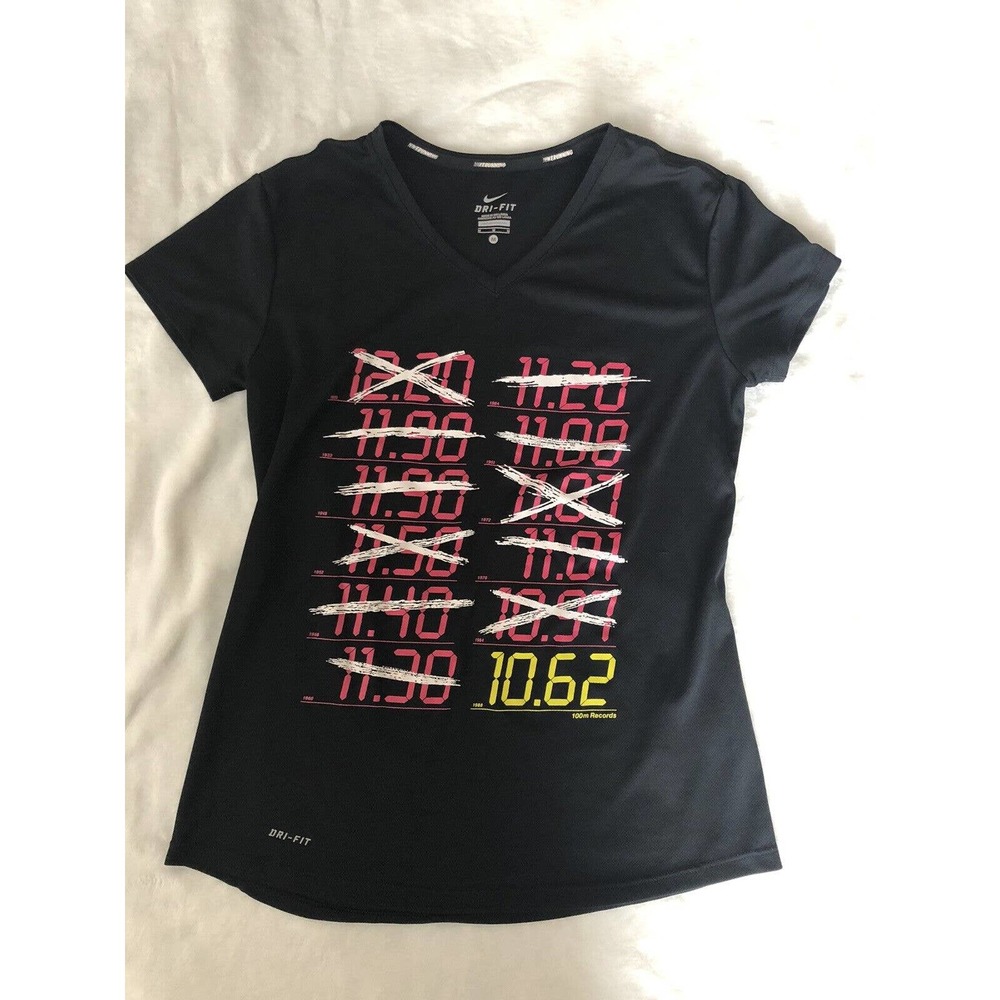 Nike Running T-Shirt‎ Women’s Medium Dri-Fit Graphic Mesh Letters Black Pink